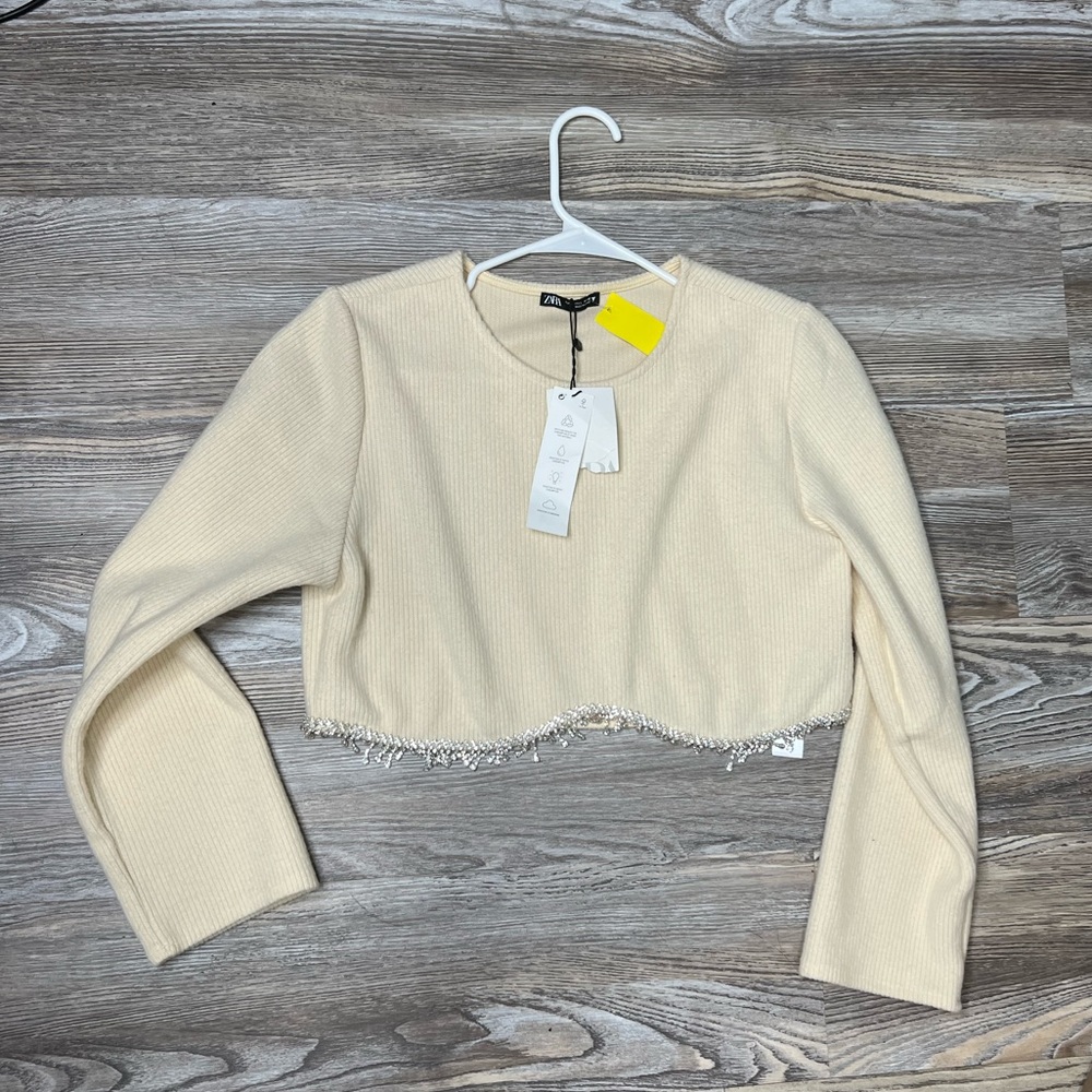 Zara Beige Cropped Top with Embellished Hem - Picture 4 of 7